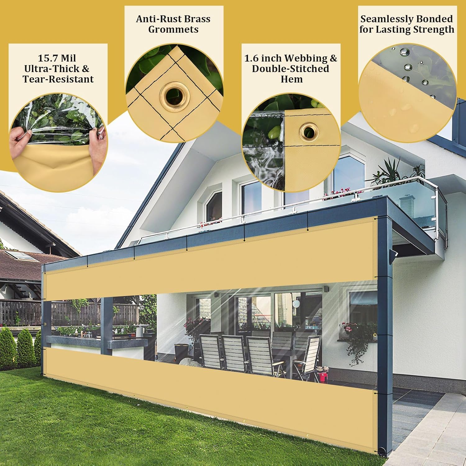 Shade&Beyond Outdoor Vinyl Curtain, 12'W x 18'L Heavy Duty Clear Tarp with Grommets Waterproof, Privacy Clear Panel UV-Resistant for Pergola Gazebos Porch Enclosure Patio(Customized Size, Beige)