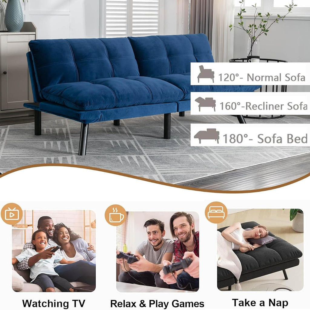Anwick Velvet Convertible Futon Sofa Bed,71' Modern Comfy Loveseat Sleeper Sofa with Adjustable Backrest Armrest,Folding Futon Sleeper Recliner for Living Room,Office,Apartment (Navy Blue)