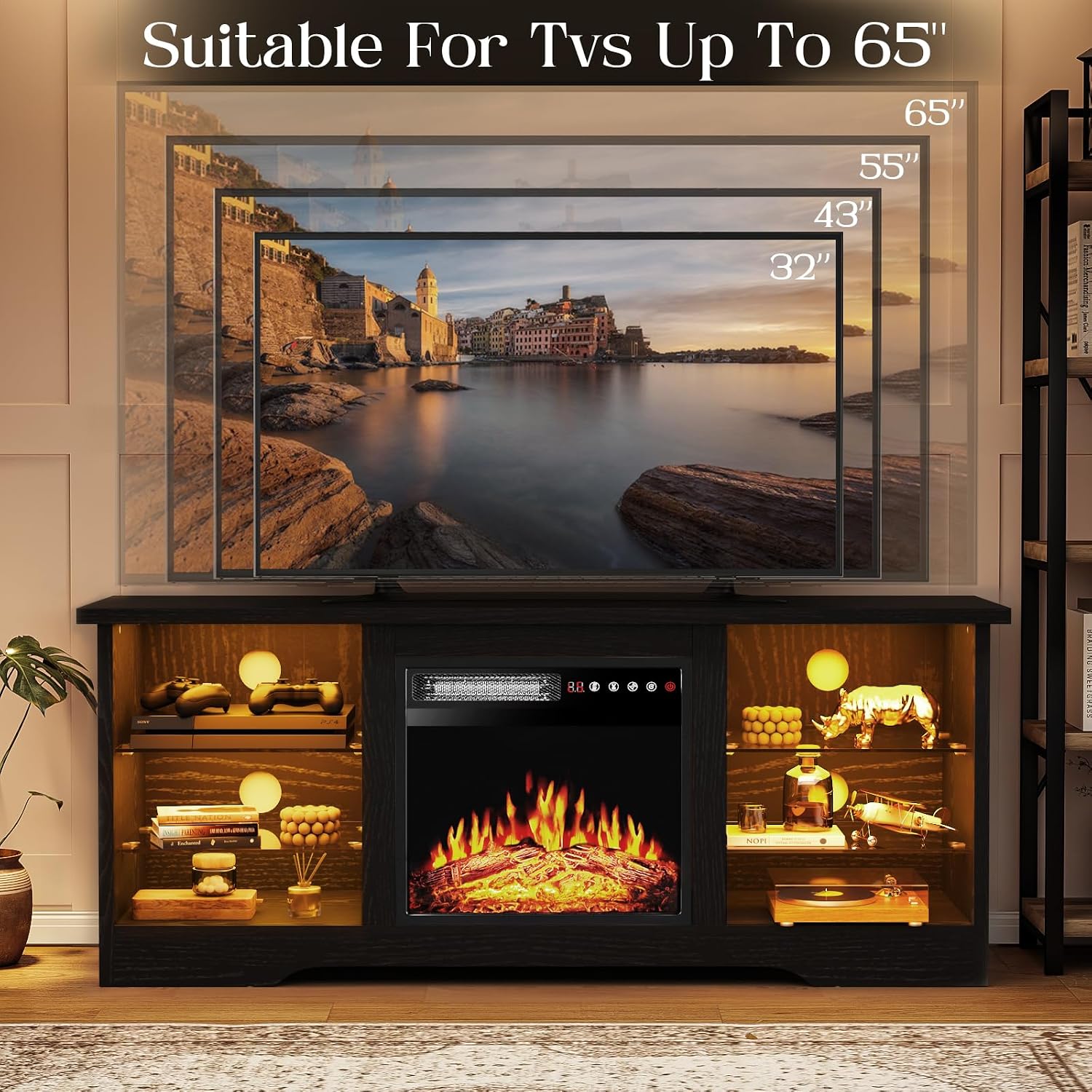 VITESSE 58 Inches Fireplace TV Stand for TVs up to 65 Inches Console with 18'' Electric Fireplace & Remote,Wooden Modern Entertainment Center for Living Room with LED Light Glass Shelves（Black）
