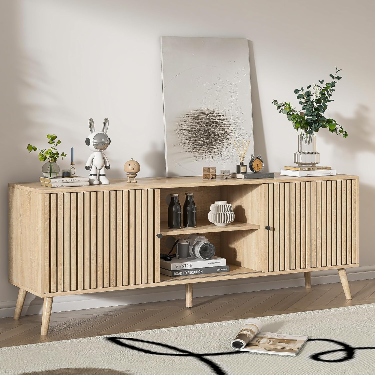Oubayajia Mid Century Modern TV Stand for Televisions up to 70 Inches, with Sliding Doors and Storage, Television Stands, TV Consoles, Media Consoles for Living Room, 63 Inch (Natural)
