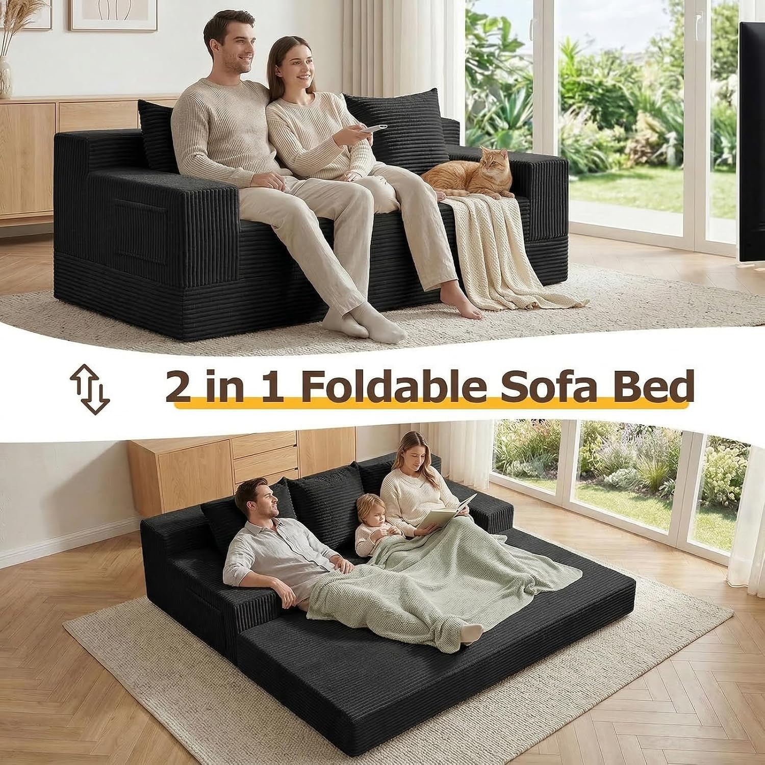 cidludto Convertible Sofa Bed, 78' Oversized Boneless Loveseat Couch 2 in 1 Foldable Futn Bed Couch in A Box, Folding Sleeper Sofa Chair for Living Room, No Assembly Required, Black