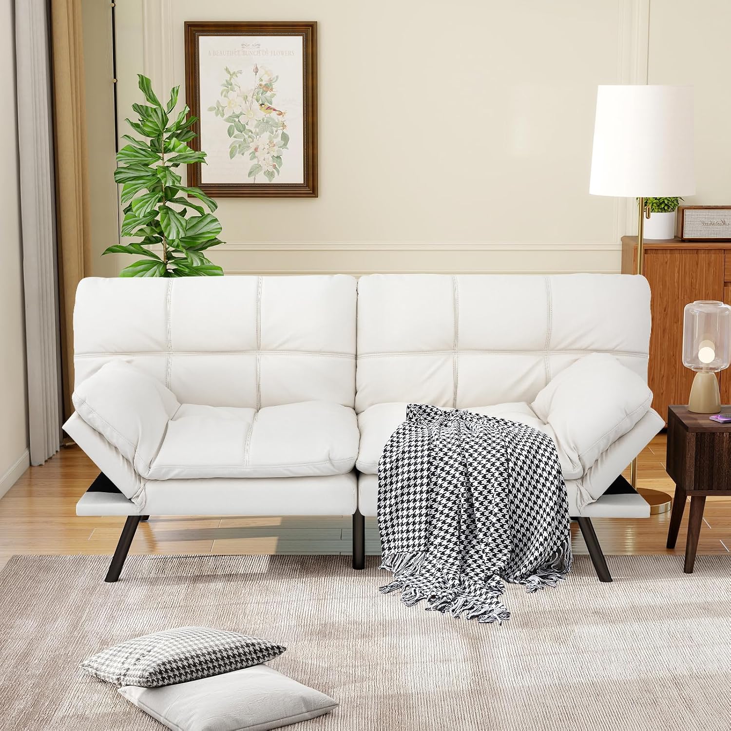 MUUEGM Futon Sofa Bed 71' Ivory Convertible Memory Foam Futon Couch Bed Modern Loveseat Sleeper with Adjustable Backrests Armrests for Living Room,Small Space,Office