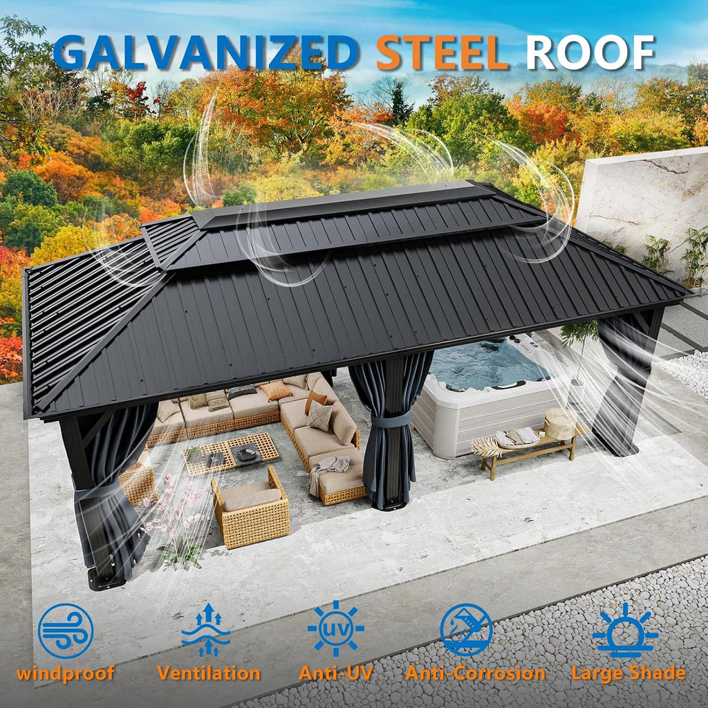 HOTEEL 12x20 Hardtop Gazebo on clearance with Metal Roof & Drainage System, Heavy Duty Galvanized Steel Gazebo with Aluminum Frame, Privacy Curtains and Netting, for All-Weather, Black (2026 Upgraded)