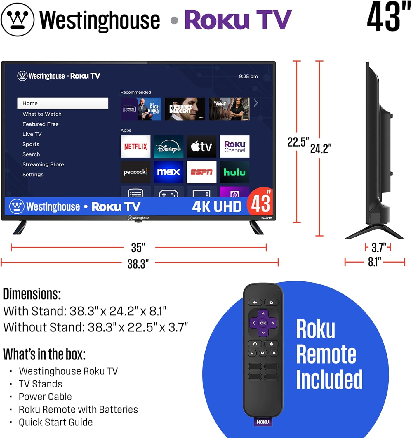 Westinghouse Roku TV - 43 Inch Smart TV, 4K UHD Television with Wi-Fi Connectivity and Mobile App, Flat Screen, Bluetooth, Compatible with Apple AirPlay, Alexa and Google Assistant