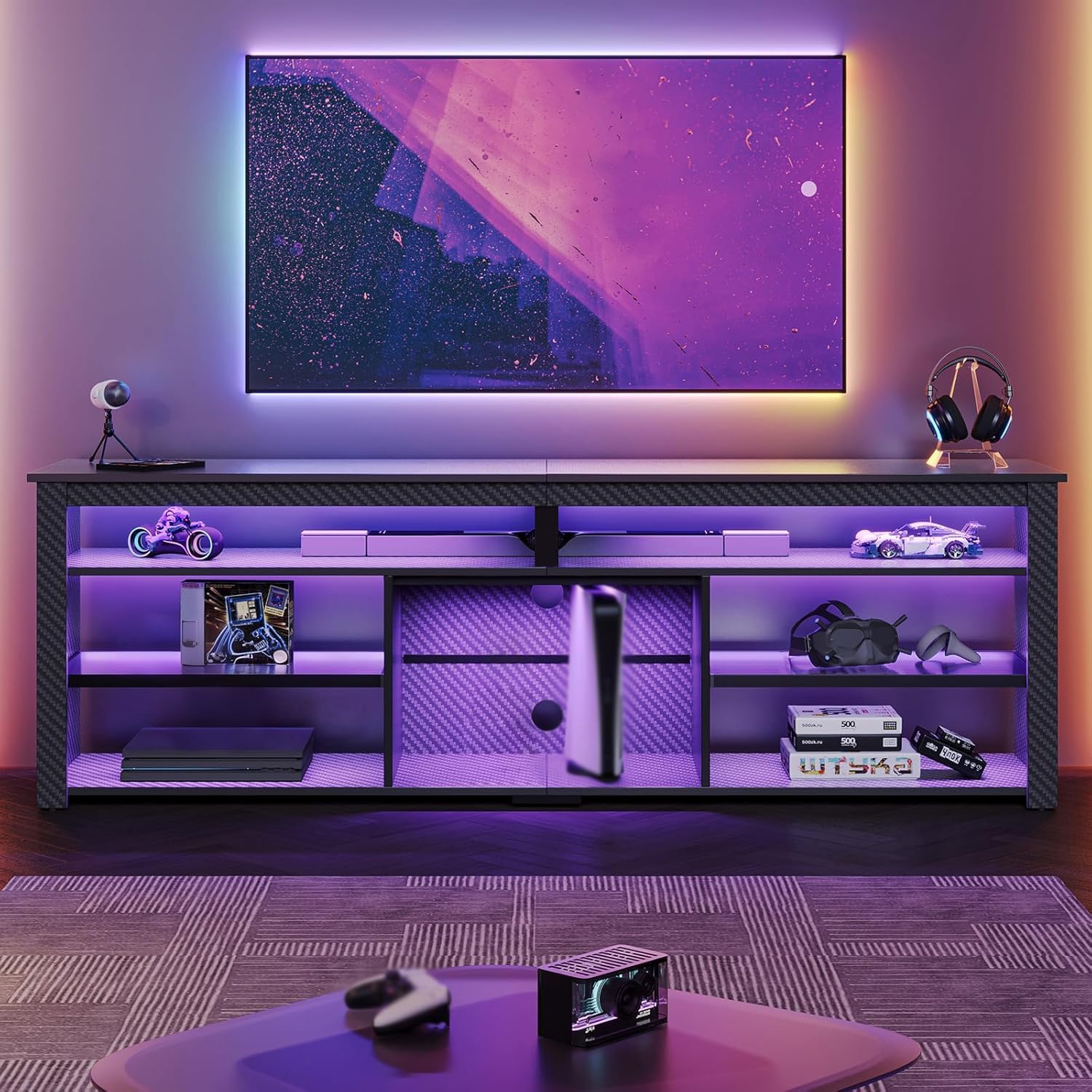 Bestier Tall TV Stand for 75 inch TV, LED Entertainment Center, Gaming TV Console with Storage for PS5, Modern TV Cabinet for Bedroom, Living Room, Black Carbon Fiber