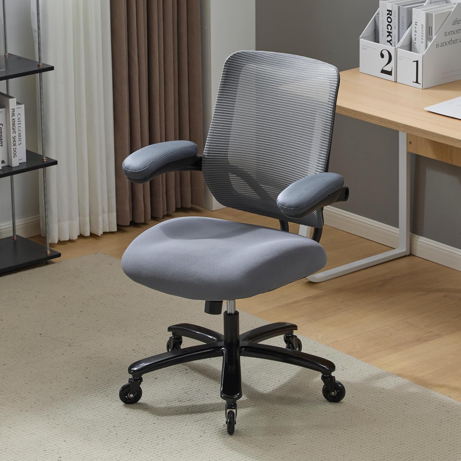 Kassipo 500LBS Big and Tall Office Chair with Flip-Up Armrests, Heavy Duty Office Chair for Heavy People, Memory Foam Seat Filling Springs, Grey