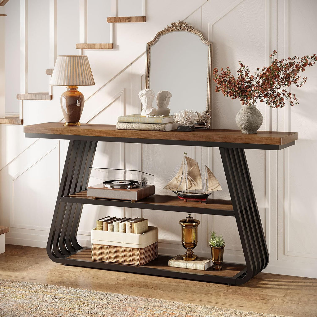 Tribesigns 55' Entryway Table with Shelves, 3-Tier Console Table Sofa Table with Iron Frame, Wooden Entry Table for Living Room, Foyer, Hallway, Industrial Style