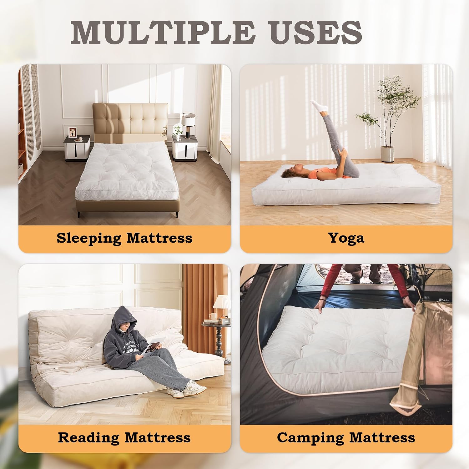 DHMAKER 8-inch Futon Mattress Queen Size, Thick Futon Sofa Couch Bed Foldable Floor Sleeping Pad for Adults, Portable Floor Bed Mattress, Velvet Tatami Mat (Frame Not Included),White, 60'x80'