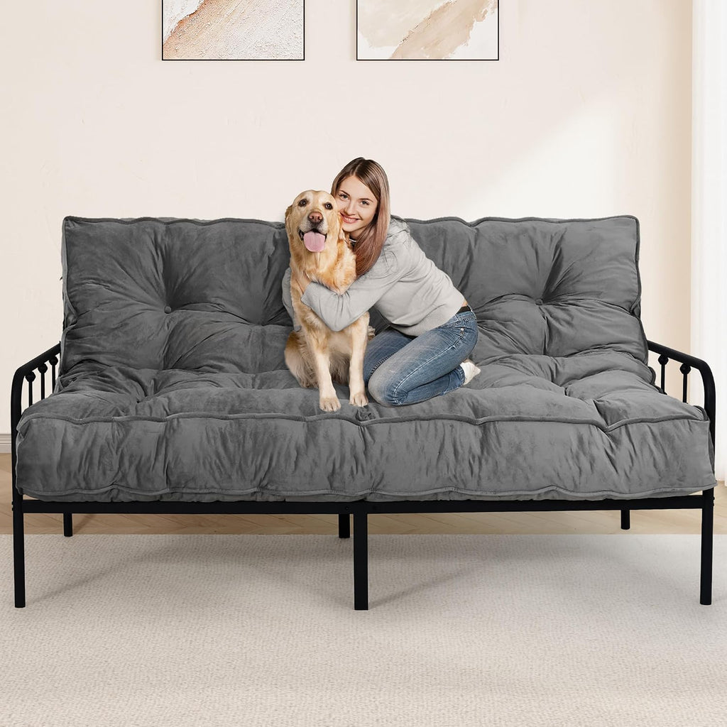 8' Futon Mattress Full Size 54' x 80', Thick Futon Sofa Couch Bed for Adults, Velvet Floor Futon Mattress Shredded Foam Filling, Tatami Sleeping Mat for Camping, Dorm, Dark Gray(Frame Not Included)