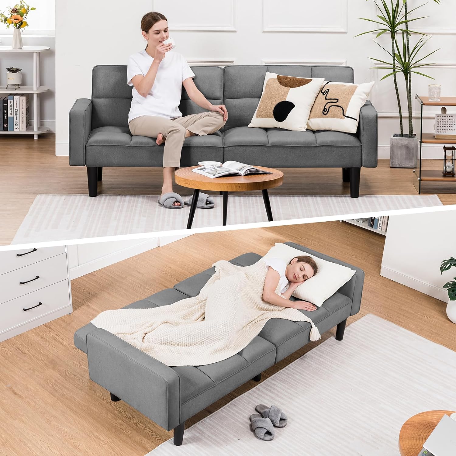 COMHOMA 76 inch Futon Sofa Bed, Mid Century Modern Futon Couch with Adjustable Backrest, Fabric Convertible Sofa Cama, Folding Sleeper Sofa for Living Room, Bedroom, Dark Gray