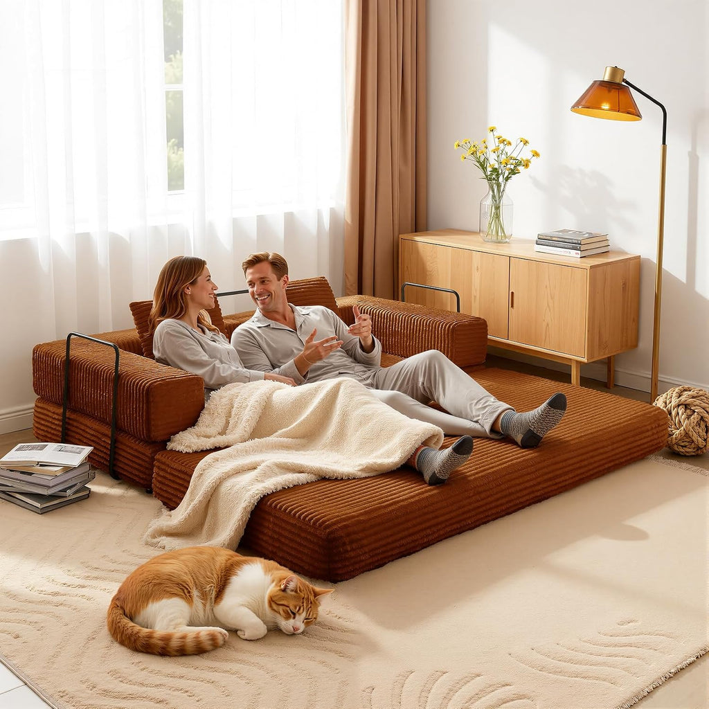 81'' Futon Sofa Bed, Folding Floor Couch Bed, Corduroy Fabric Boneless Couch, Compressed Boneless Sofa in a Box, Comfy Sleeper for Living Room-Orange