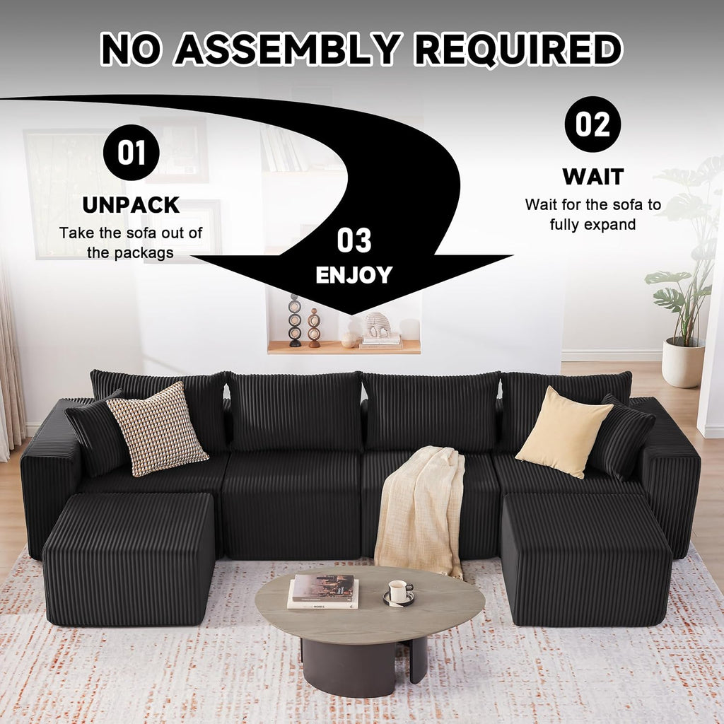 Weture 135.4' Cloud Couch Sectional, Modular Sectional Sofa with Deep Seat, Plush Corduroy U Shaped Boneless Couch, Convertible Sectional Couches for Living Room, 6Seat, Black
