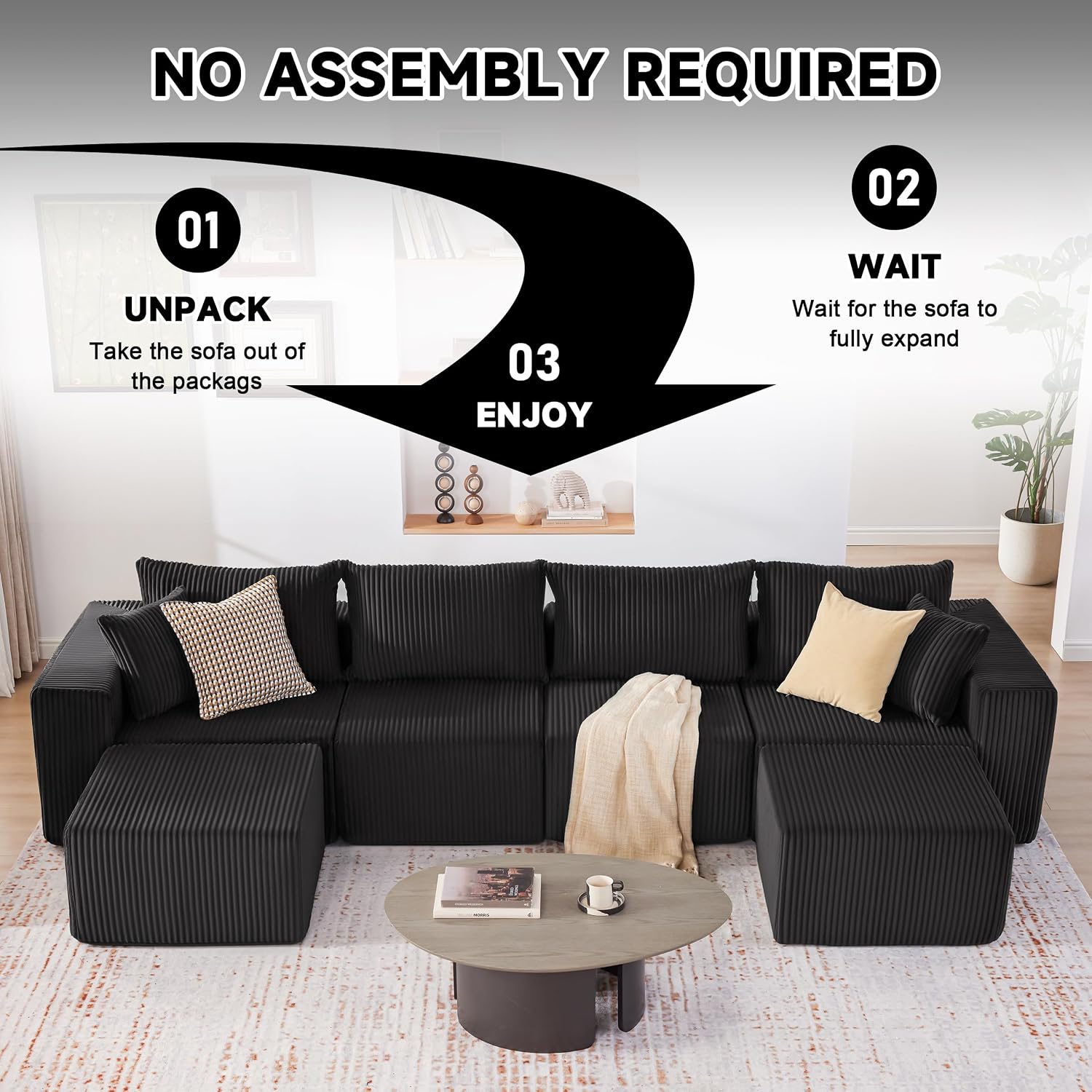 Weture 135.4' Cloud Couch Sectional, Modular Sectional Sofa with Deep Seat, Plush Corduroy U Shaped Boneless Couch, Convertible Sectional Couches for Living Room, 6Seat, Black