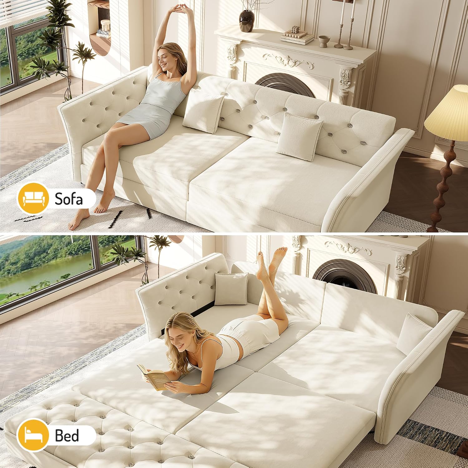 74.4'' Sleeper Sofa Bed Queen Size, Flower Tufting Pull Out Couch, Velvet Chesterfield Futon Couches, Comfy Convertible Sofa, Modern Loveseat, 2 Pillows for Living Room, Apartment, Beige