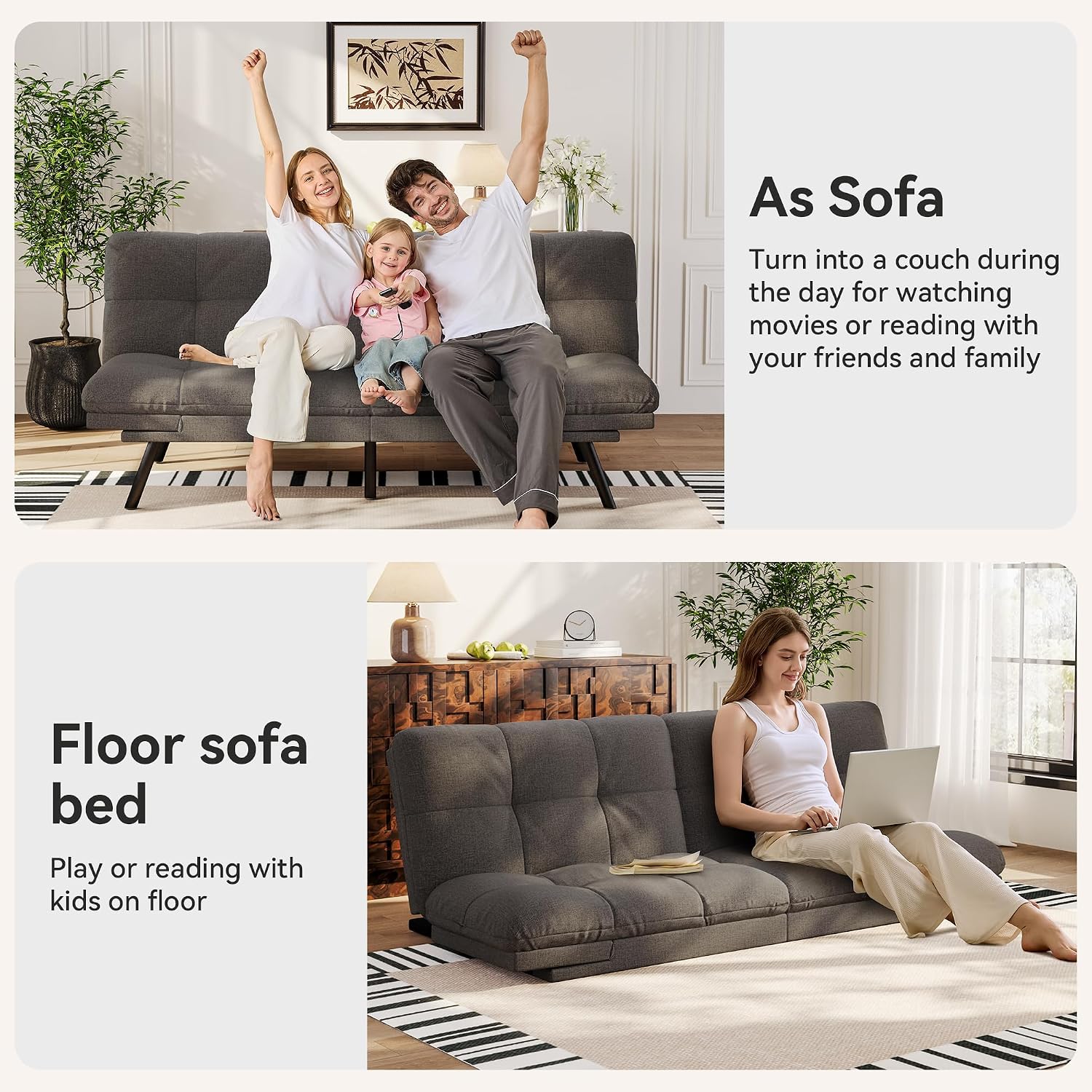 Vipbear 71' Convertible Futon Sofa Bed,Grey Linen Fabric Futon Couch with Detachable Cushion,Adjustable Backrest & Armrest,Modern Loveseat Sleeper Recliner for Living Room,Office,Apartment