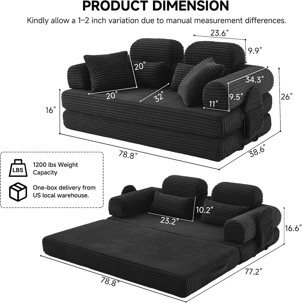 79' Sofa Bed, Deep Seat 32' Sleeper Sofa, 5-in-1 Convertible Sofa Bed, Boneless Couch in a Box, Corduroy Floor Futon with Thickened backrest and Headrest Pillows, Side Pockets, Black