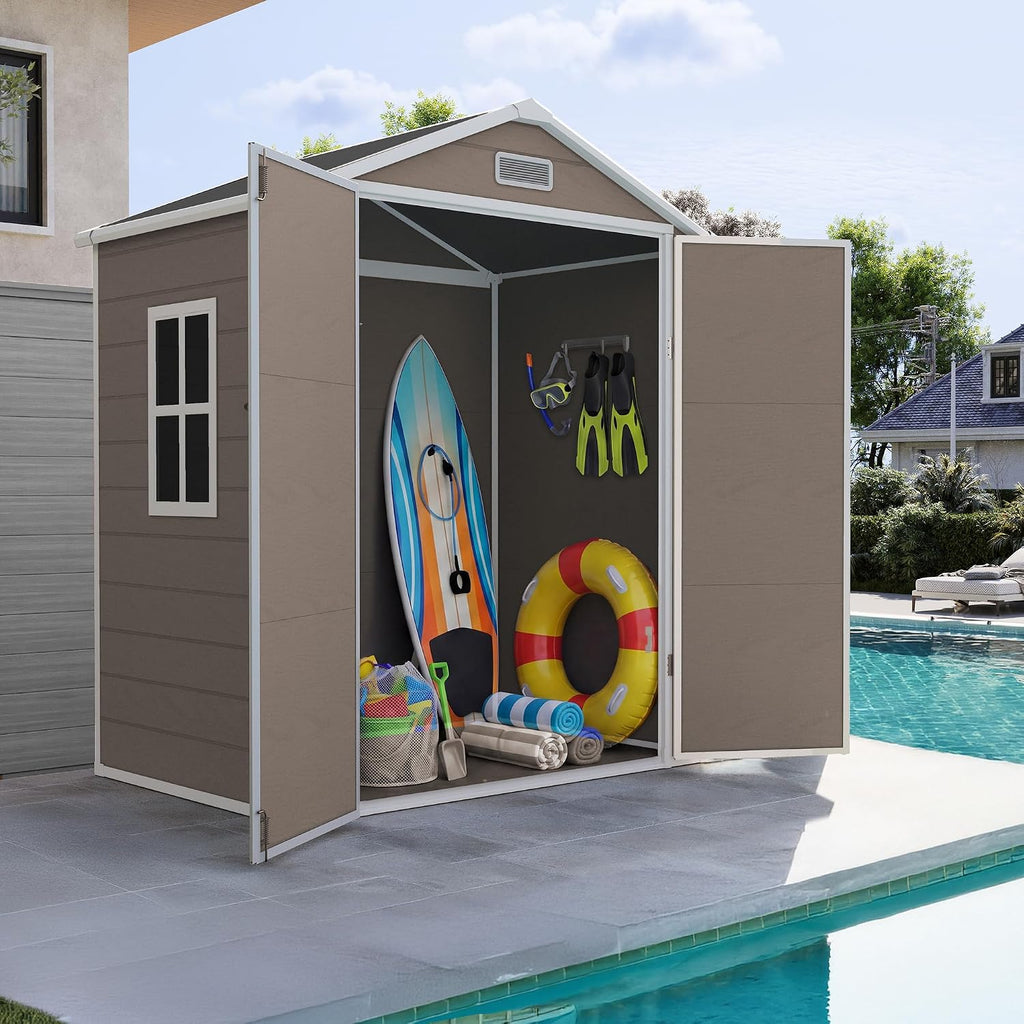 UDPATIO Outdoor Storage Shed 6x4 FT, Garden Resin Shed for Bike, Garbage Can, Tools, Outside Plastic Sheds with Floor for Backyard, Patio, Lawn, Brown