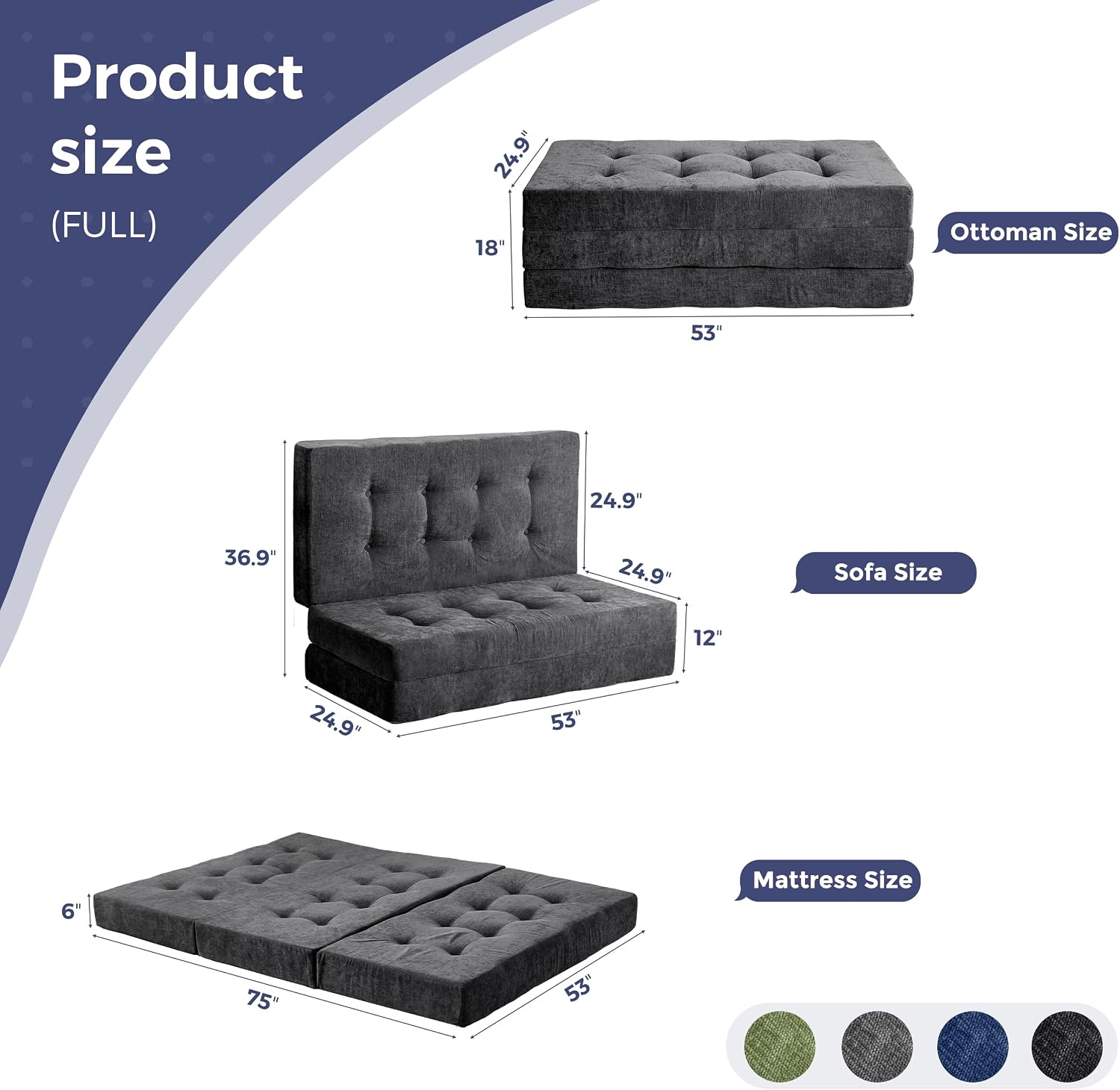 MAXYOYO 6' Folding Sofa Bed for Floor, Tufted Tri-Fold Floor Mattress with Chenille Fabric, Full Size Portable Sofa Couch Guest Mat for Adults, Foldable Topper for Camping, Dark Grey, 53'x75'