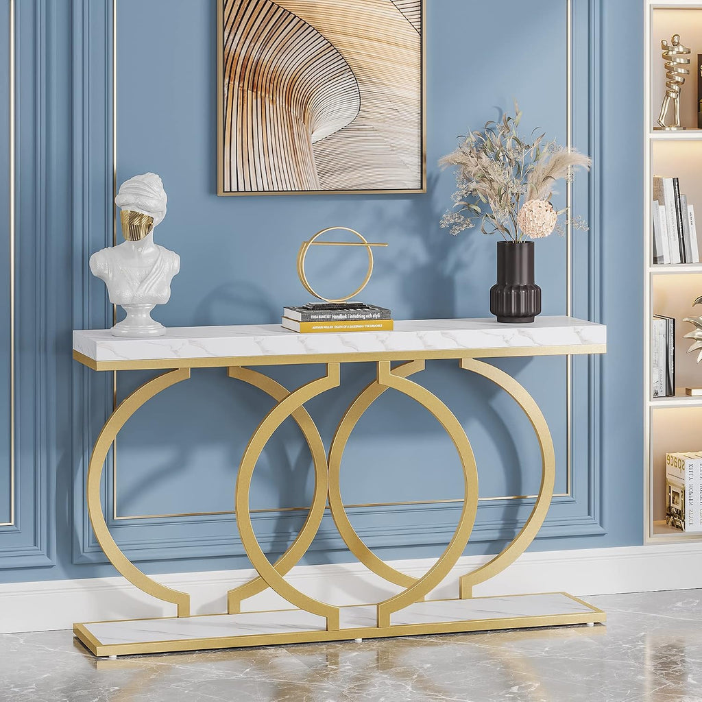 Tribesigns Gold Console Table, 55 inch Modern Entryway Table with Geometric Metal Frame, Faux Marble Narrow Long Sofa Table for Living Room, Entrance, Hallway, White and Gold