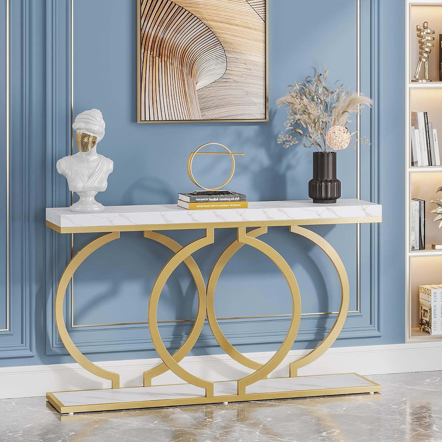 Tribesigns Gold Console Table, 55 inch Modern Entryway Table with Geometric Metal Frame, Faux Marble Narrow Long Sofa Table for Living Room, Entrance, Hallway, White and Gold