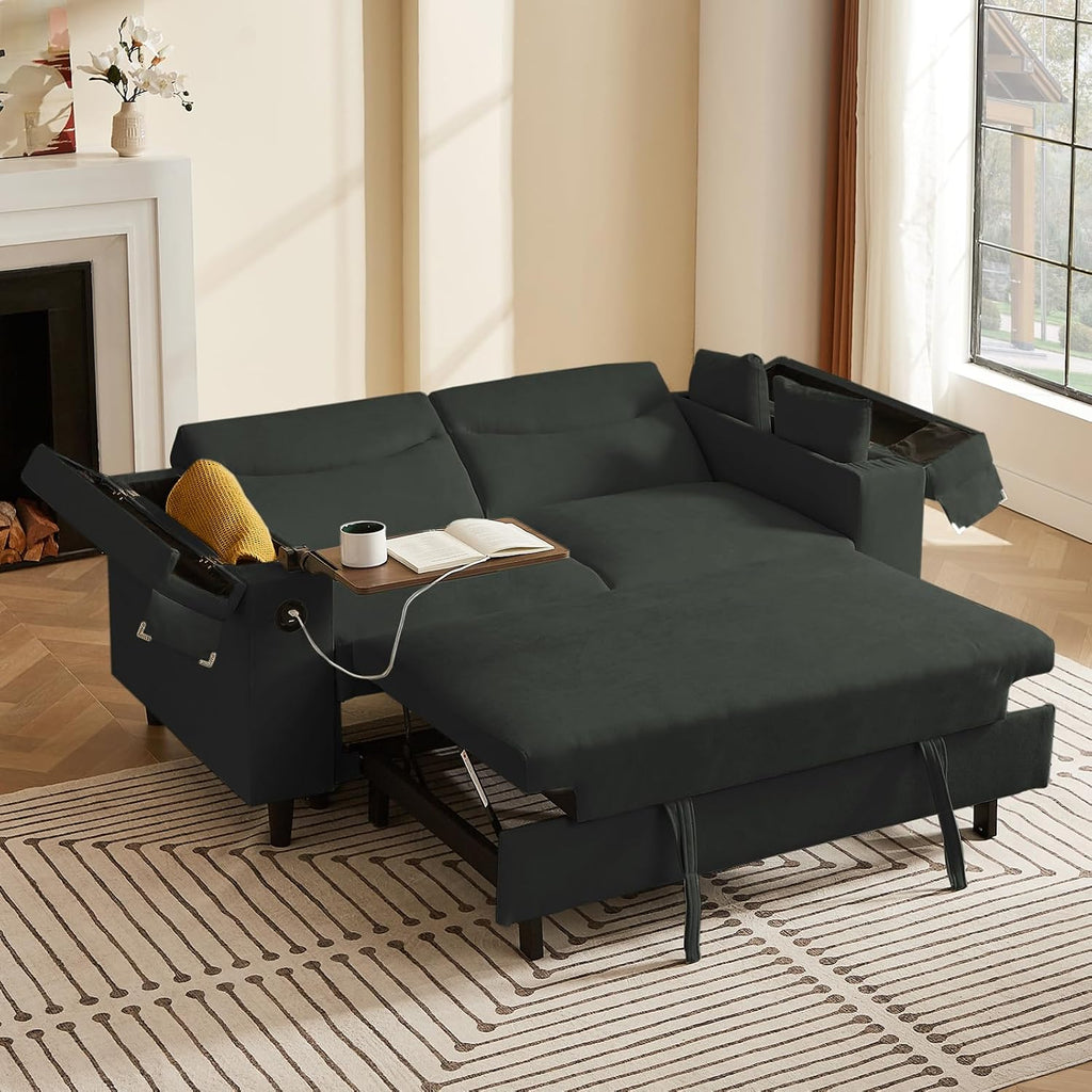 hansones 66' Multi-Functional Pull-Out Sofa Bed with Hidden Side Table, Storage Armrests, Built-in Charging Port, Spring Mattress, Solid Wood Frame – Ideal for Small Spaces, Easy Assembly