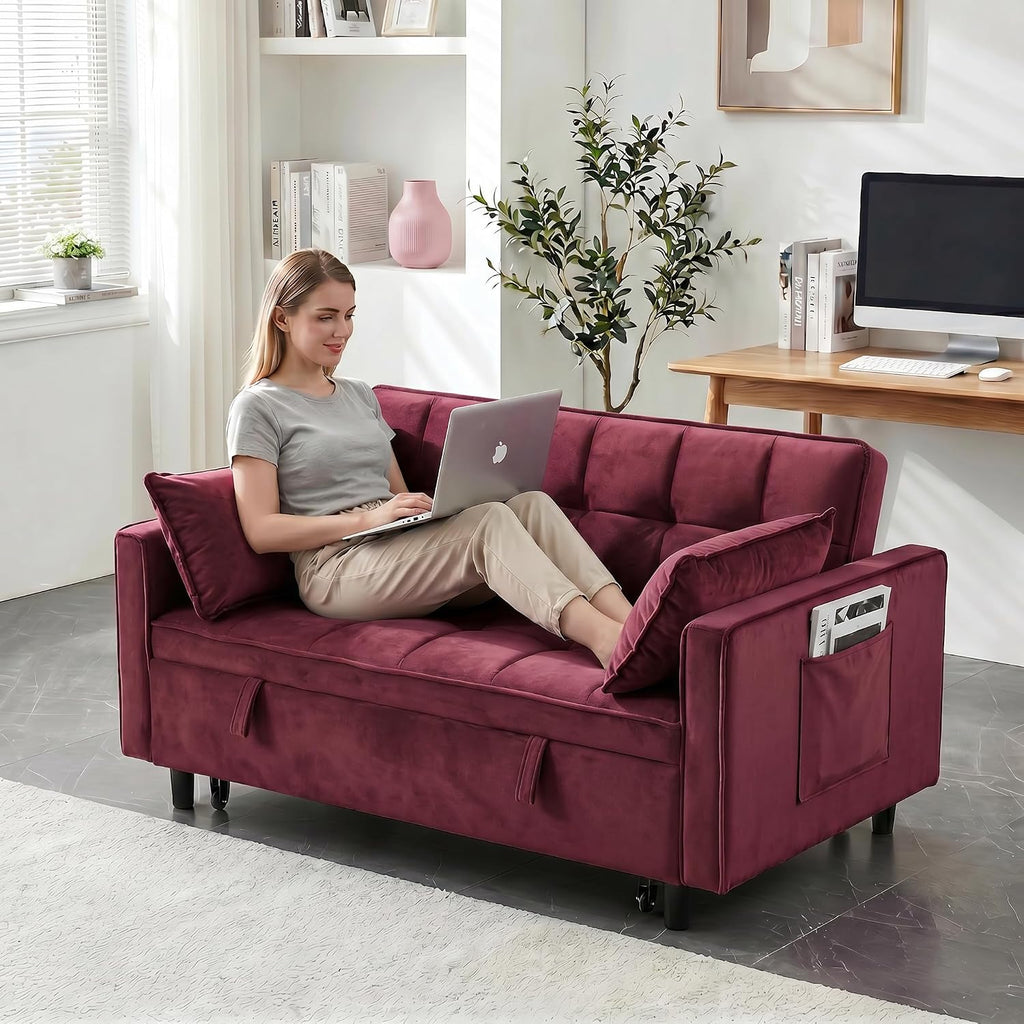 3 in 1 Convertible Sofa Bed, Loveseat Sleeper Sofa with Large Side Pockets, Pull Out Couch with Adjustable Backrest, Easy Assembly, Velvet Couch Bed for Small Spaces, Apartment, Fuchsia