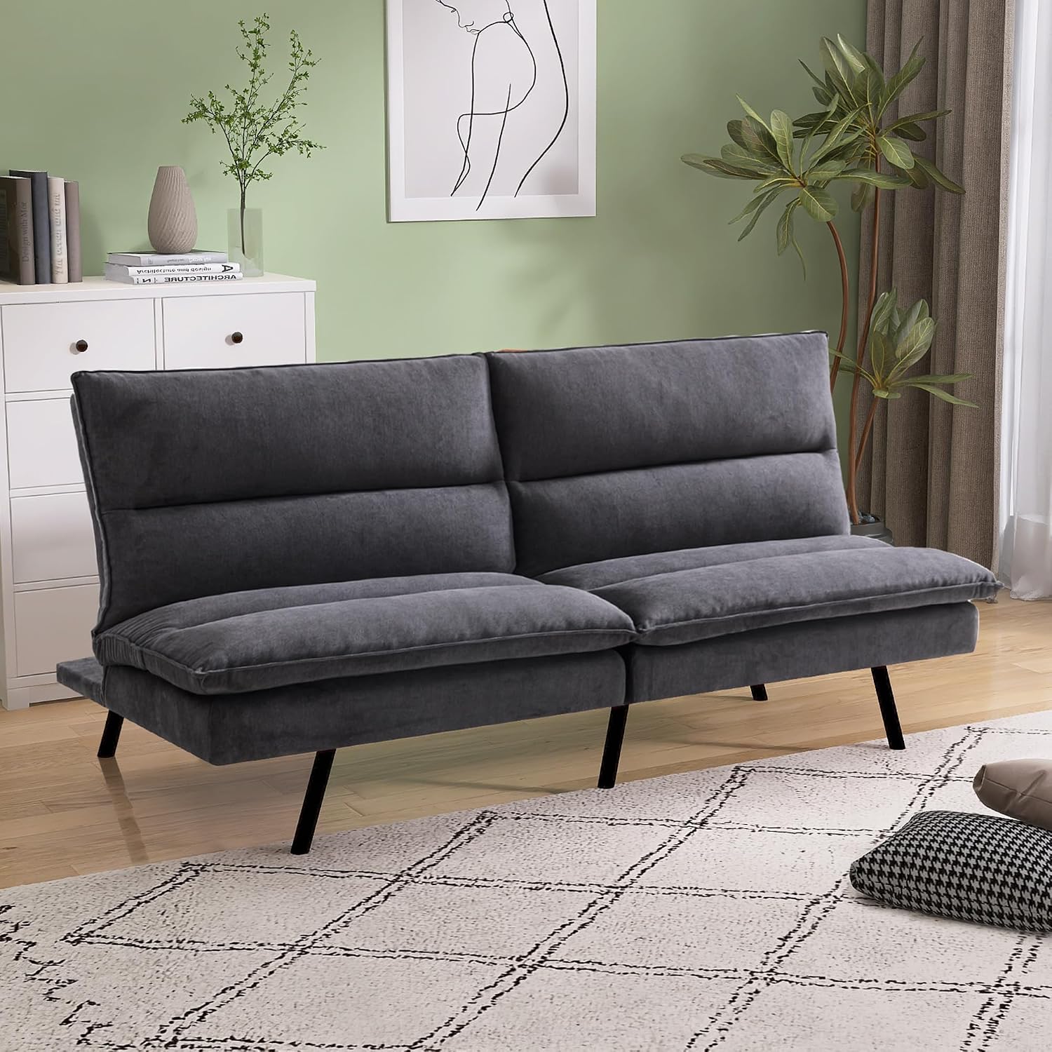 Memory Foam Futon Sofa Bed,Linen Fabric Futon Couch,Convertible Armless Futons,Small Splitback Loveseat Sleeper Sofa Bed for Living Room,Office,Apartment,Pure Black