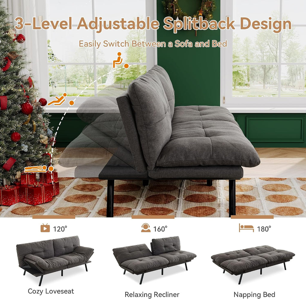 Convertible Futon Sofa Bed,71' Modern Fabric Futon Couch with Adjustable Backrest&Armrest,Small Loveseat Sleeper Sofa,Dorm Futonsofa for Apartment,Living Room,Detachable Cushions,Flint Grey