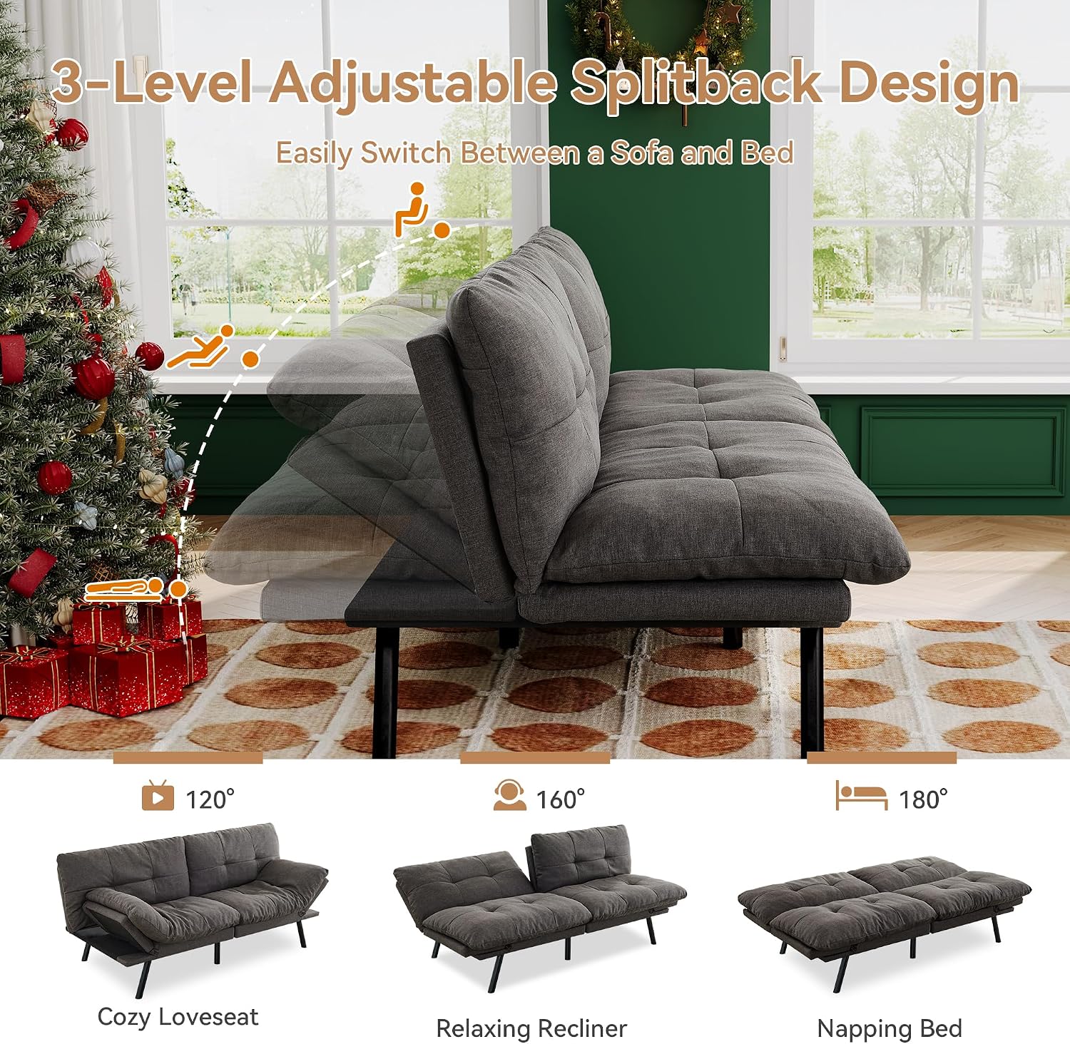 Convertible Futon Sofa Bed,71' Modern Fabric Futon Couch with Adjustable Backrest&Armrest,Small Loveseat Sleeper Sofa,Dorm Futonsofa for Apartment,Living Room,Detachable Cushions,Flint Grey