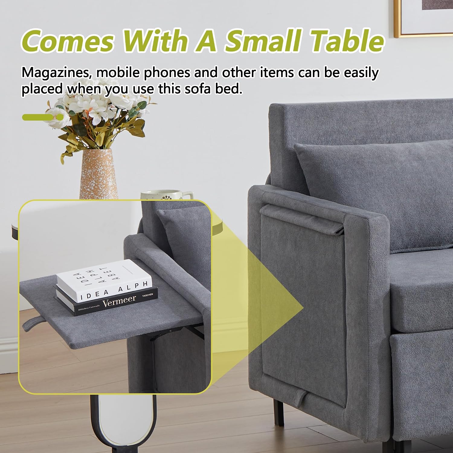 3-in-1 Sleeper Sofa Bed, 51'' Convertible Folding Couch with Pullout Bed, Chenille Futon Sleeper Sofa with Side Table and 2 Pillows, Modern Loveseat Couch for Living Room, Bedroom, Home Office (Grey)