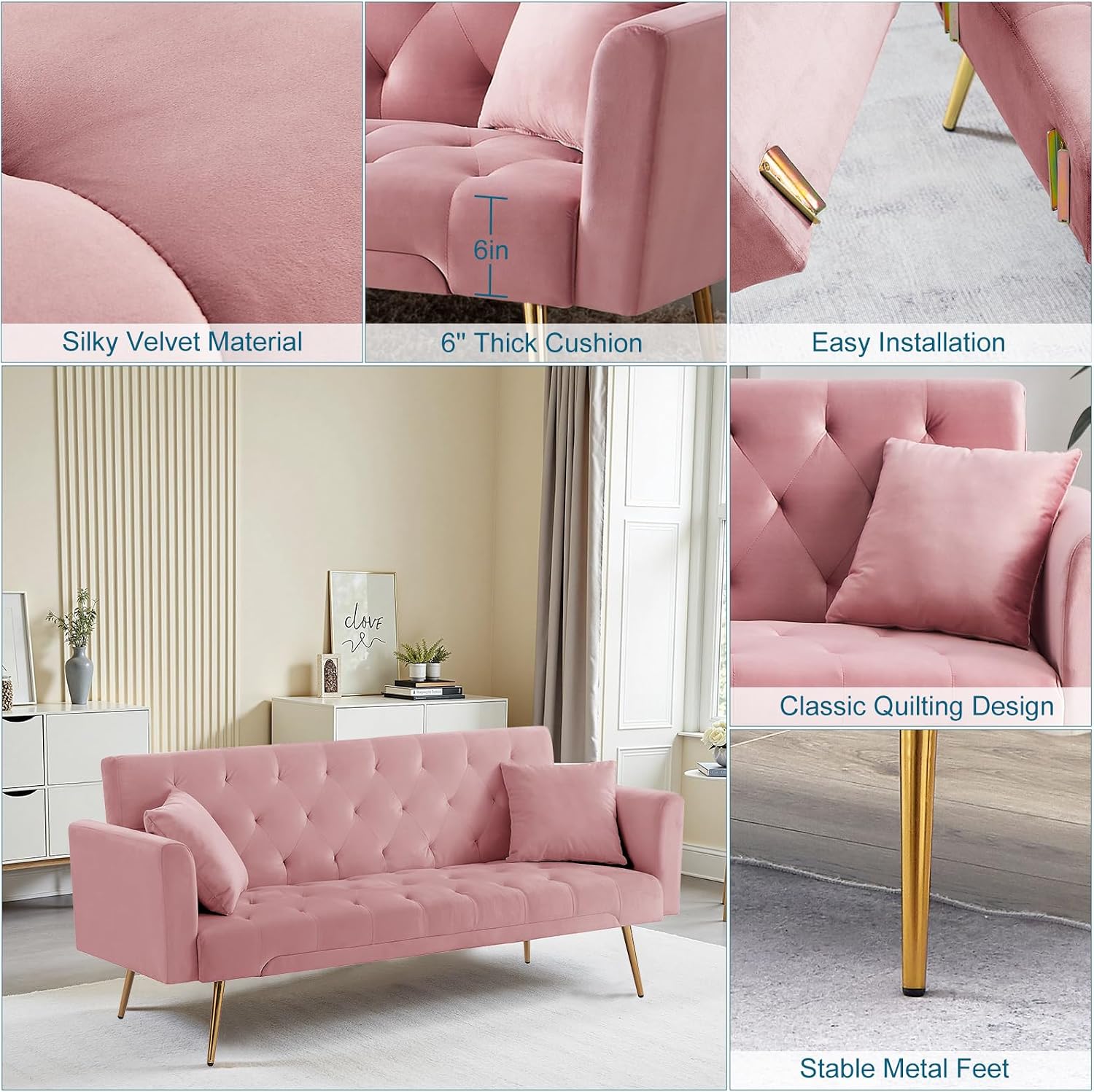 71.65'' Convertible Sofa Bed Modern Futon Set, Velvet Foldable Reclining Loveseat, Three Adjustment Angles,Mid Century Modern Couches for Living Room/Bedroom/Apartment, Easy Assembly,Pink