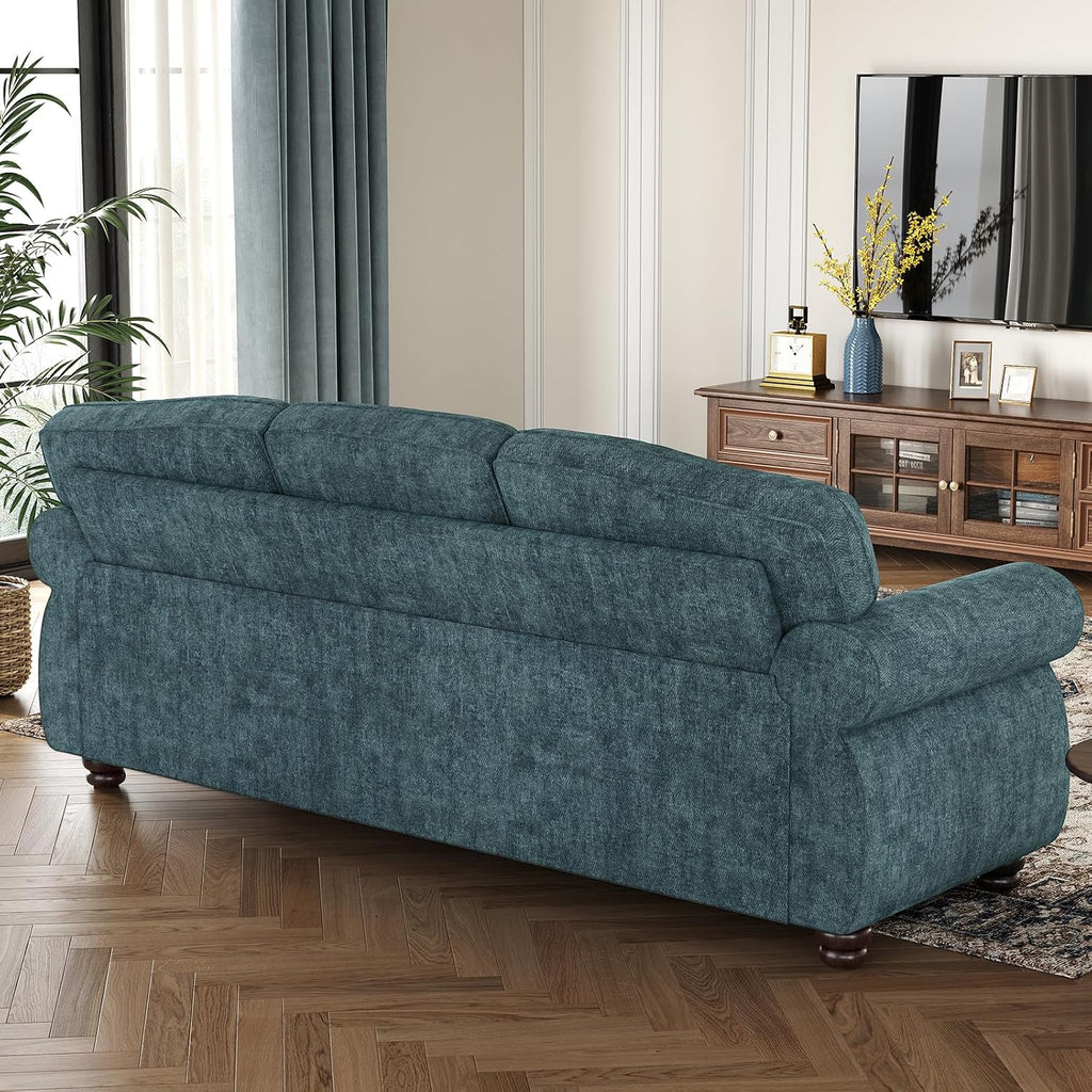ONBRILL 90 Inch Rolled Arm Sofa for Living Room, Deep Seat Nailhead Trim Couch, Comfy 3 Seater Chenille Couch w/Wooden Leg, Springs Seat Cushion, Large Traditional Sofa for Farmhouse, Blue