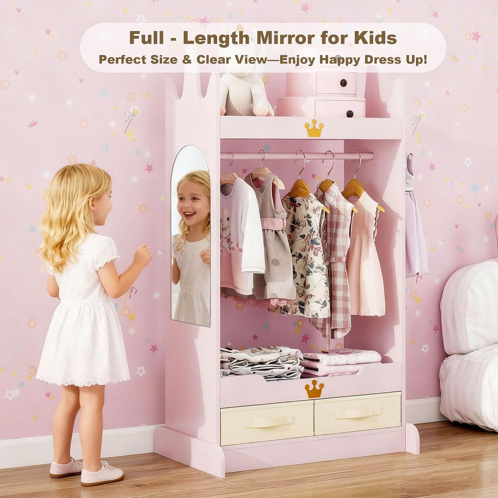 FTZxHKLX Dress Up Storage & Kids Desk Chair Set, Open Hanging Armoire Closet & Wooden Kids Desk and Chair Set with Storage Cabinet for Bedroom, Study Room, Pink