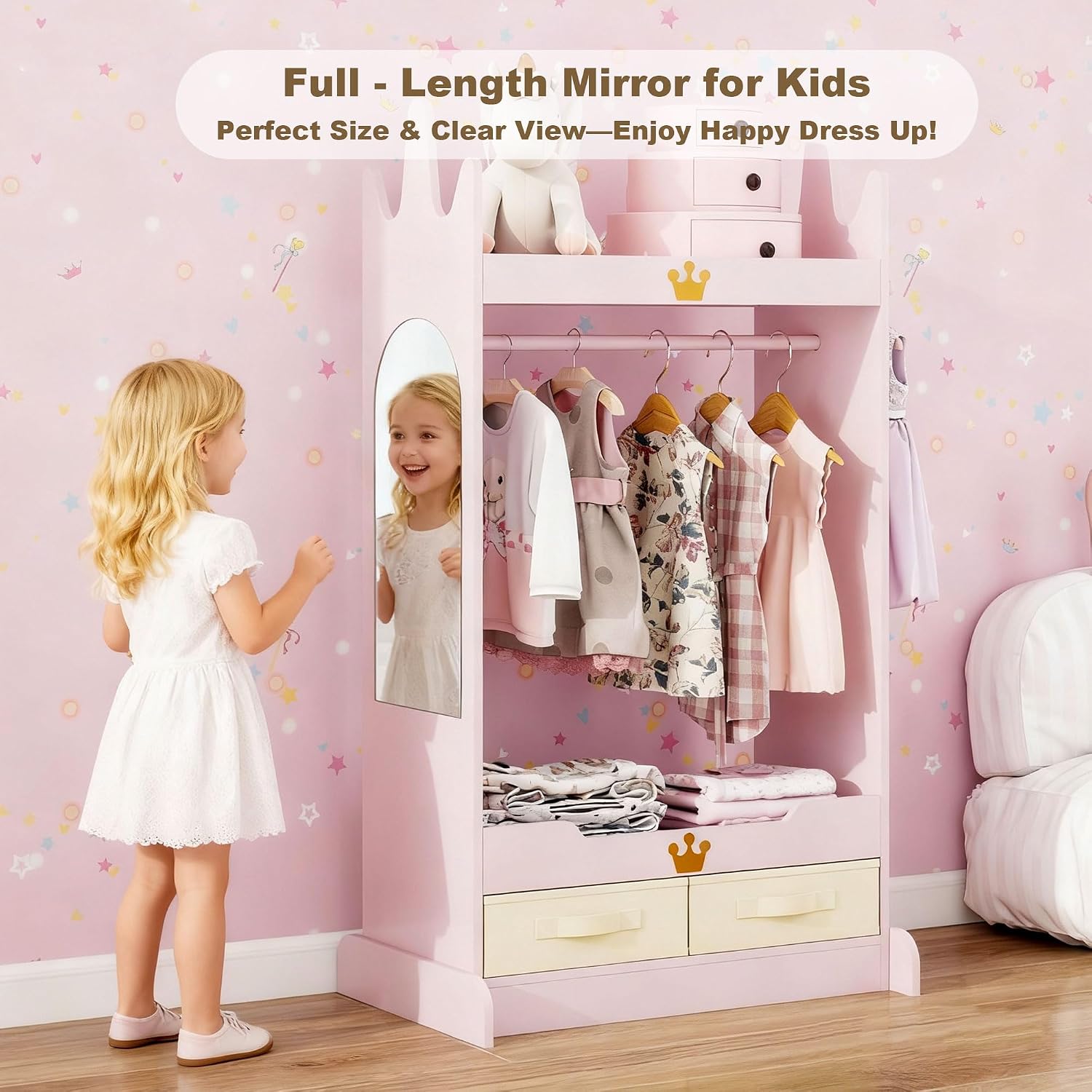 FTZxHKLX Dress Up Storage & Kids Desk Chair Set, Open Hanging Armoire Closet & Wooden Kids Desk and Chair Set with Storage Cabinet for Bedroom, Study Room, Pink