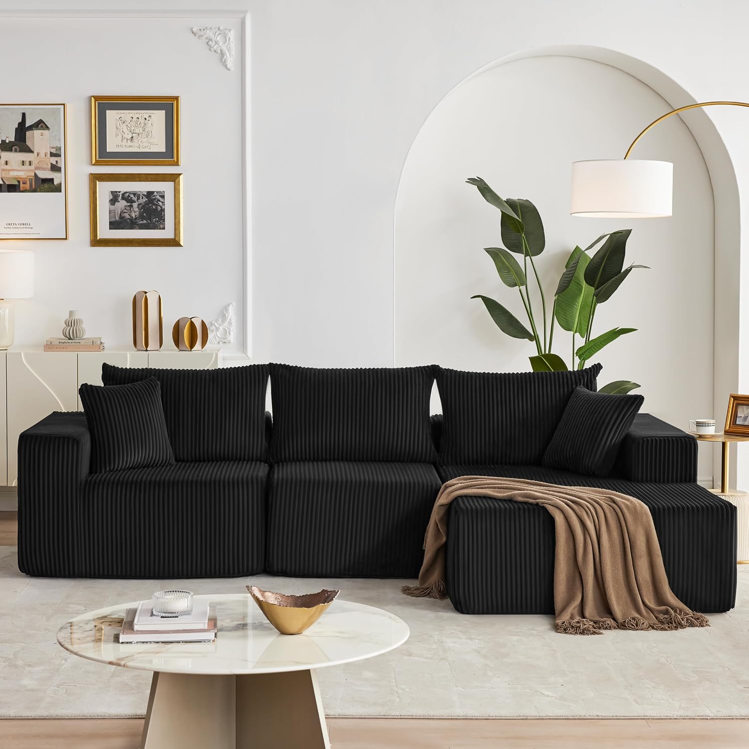 108' Modular Sectional Sofa, Cloud Sectional Couch with Deep Seat, Modern Modular L-Shape Sofa Couch with Chaise,Upholstered Boneless Couches for Living Room Bedroom (Black, Right Facing Chaise)
