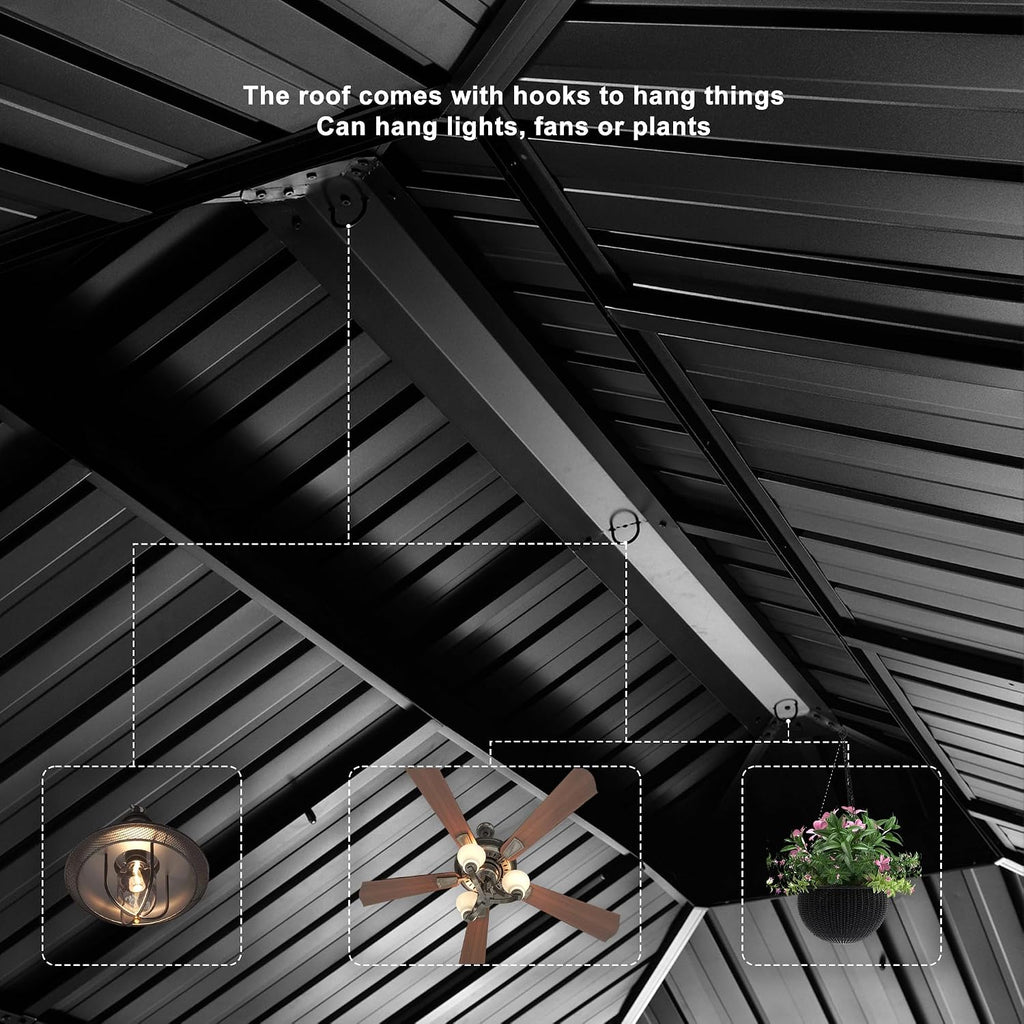 PURPLE LEAF 14' X 20' Outdoor Gazebo with Galvanized Steel Metal Roof Permanent Hardtop Gazebo with Light for Patio Lawn and Garden Large Pavilion Grey