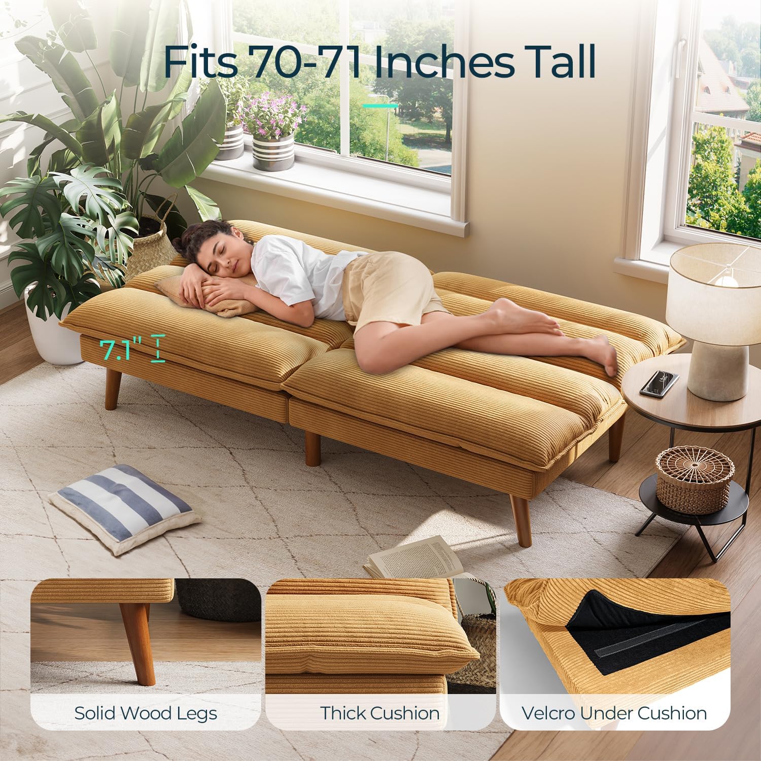 LINSY Futon Sofa Bed - 71 Inch Corduroy Futon Couch with Adjustable Backrest Convertible Folding Futons Sofa Couches for Small Spaces Living Rooms Apartment Office (Yellow)