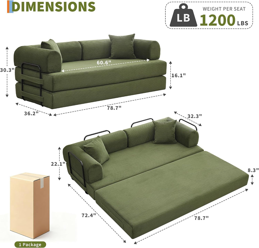 IDEALHOUSE 4 in 1 Convertible Sleeper Sofa Bed Couch, 79 Inch Boneless Corduroy Floor Couch with Pillows, No Assembly, Modern Deep Seat Sofa Futon Mattress for Living Room,Apartment,Green