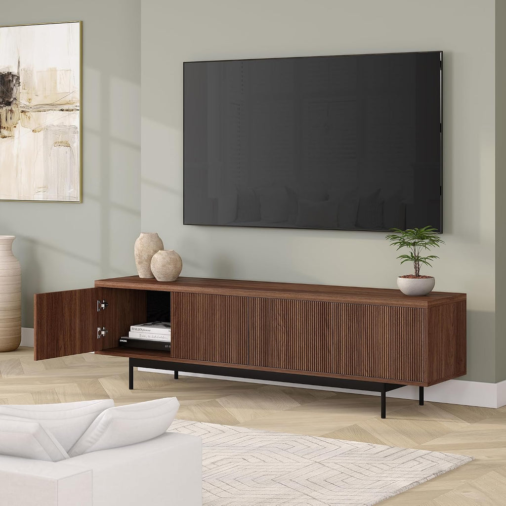 Henn&Hart Fluted TV Stand for TVs up to 75' with 2 Open-Concept Ribbed Storage Cabinets for Living Room, Family Room, or Office, Medium Walnut