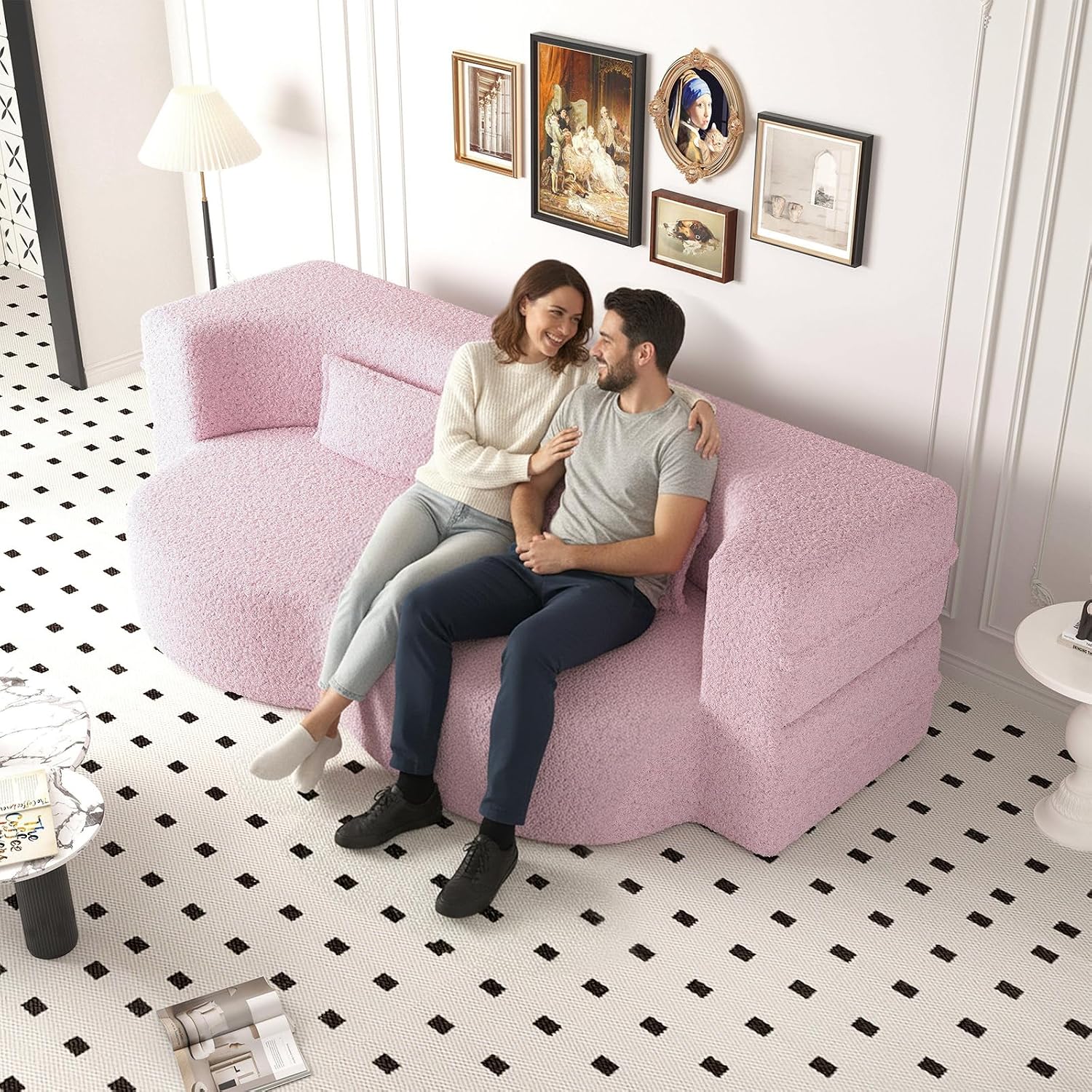 CAPCAEK Folding Foam Sofa Bed,15' Full Size Floor Couch,Convertible Teddy Fabric Foam-Filled Sleeper Futon Loveseat Couch for Living Room, Guest Use, Office, Apartmen (Pink)