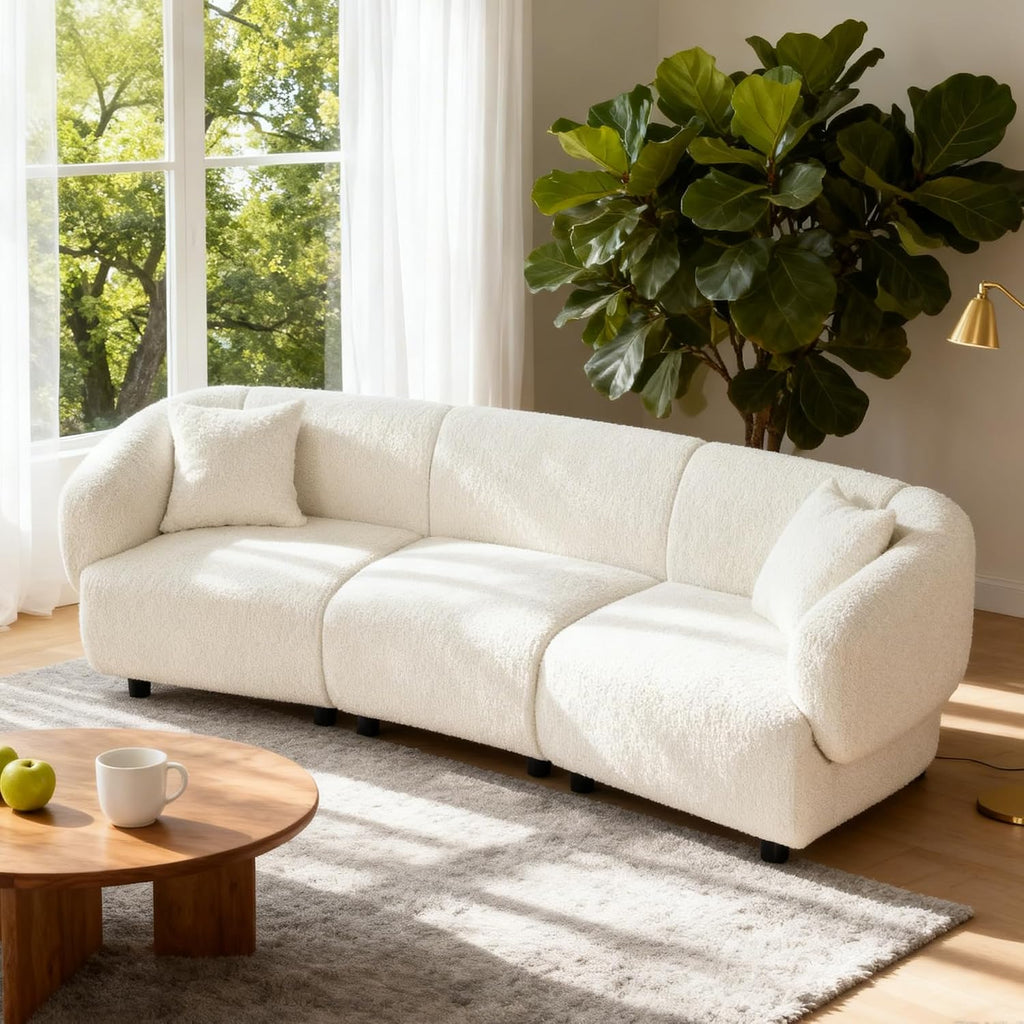 Christopher Knight Home Obito Boucle Upholstered 3-Seater Sofa, Modern Home Sofa Living Room, Wooden Large Upholstered Sofa Couch for Apartment/Home Office, Light Beige