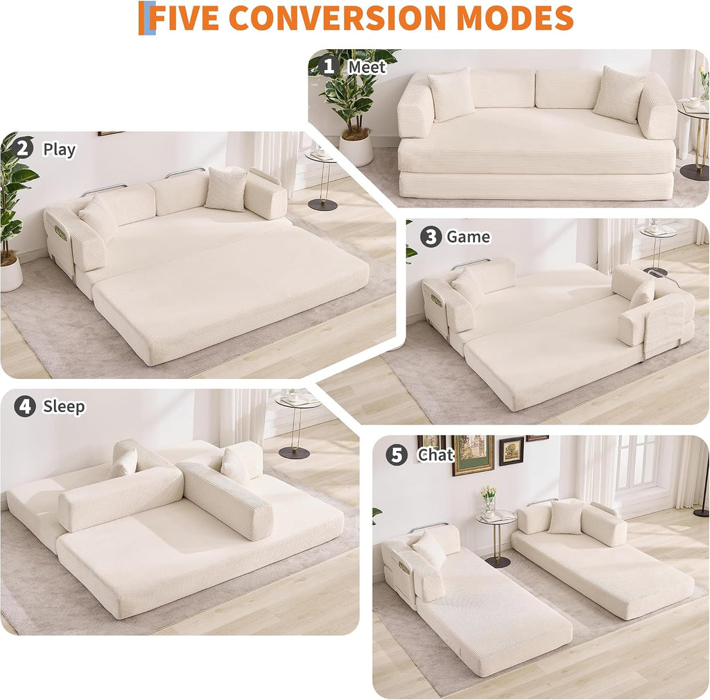 Garvee 5-in-1 Convertible Sofa Bed, 78.8' Modular Corduroy Sleeper with Sturdy Frame & No Assembly, Multi-Functional Futon for Small Space, Living Room & Guest Room (Green) (Beige)