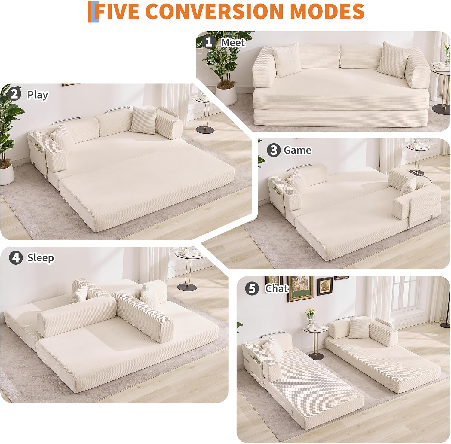 Garvee 5-in-1 Convertible Sofa Bed, 78.8' Modular Corduroy Sleeper with Sturdy Frame & No Assembly, Multi-Functional Futon for Small Space, Living Room & Guest Room (Green) (Beige)