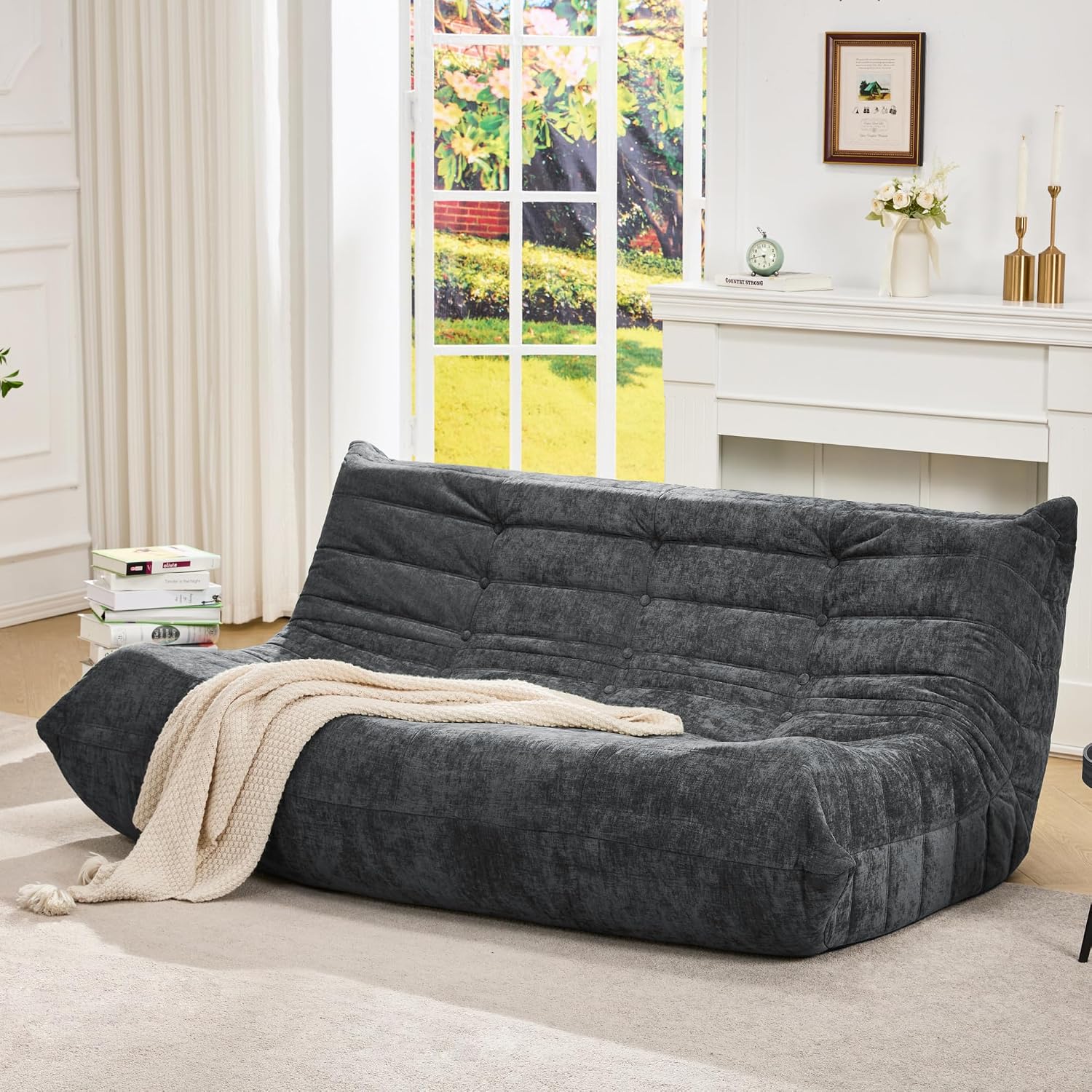 Bean Bag Chairs for Adults Giant Bean Bag Chair Memory Foam BeanBag Chair Bean Bag Sofa with Filler Faux Fur Fireside Beanbags Lazy Sofa for Living Room Bedroom Office (Darkgrey Chenille, 3-Seater)