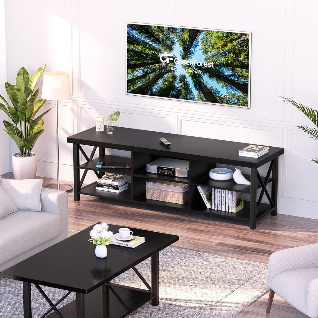 GreenForest TV Stand for TV up to 65 inches, Entertainment Center with 6 Storage Cabinet for Living Room, 55 inch Farmhouse Television Stands Console Table, Industrial TV stands for Living Room, Black