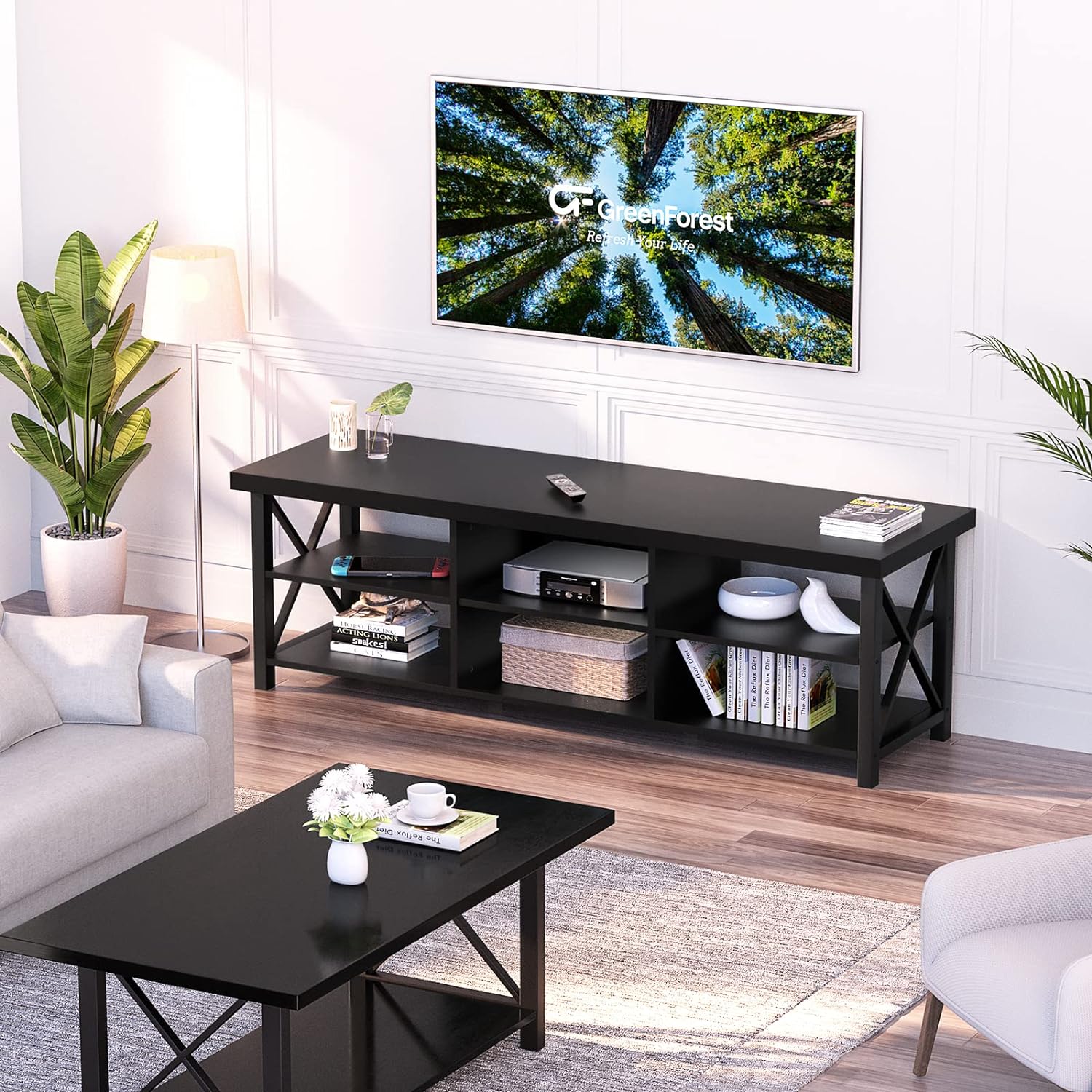 GreenForest TV Stand for TV up to 65 inches, Entertainment Center with 6 Storage Cabinet for Living Room, 55 inch Farmhouse Television Stands Console Table, Industrial TV stands for Living Room, Black