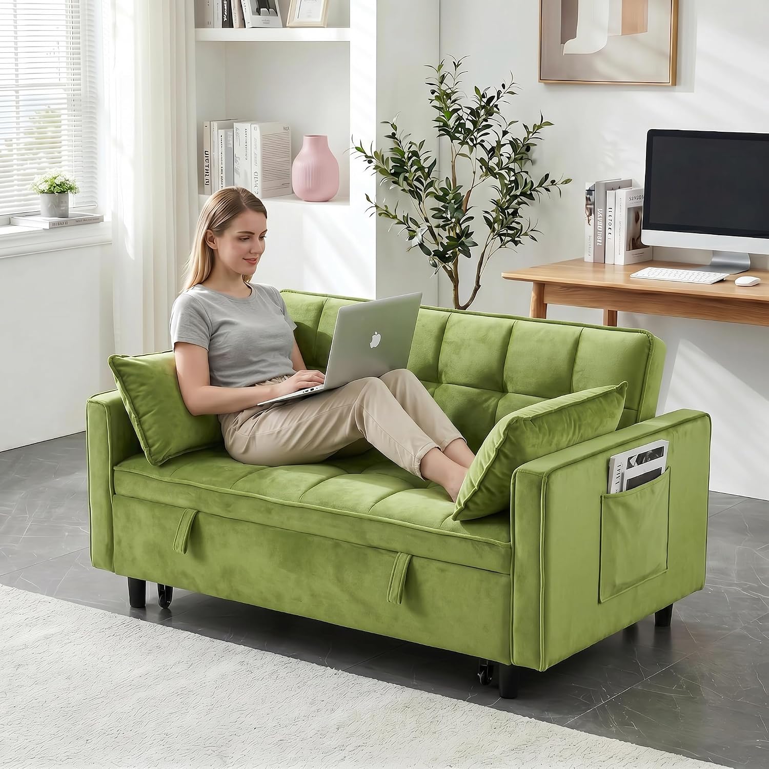 3 in 1 Convertible Sofa Bed, Loveseat Sleeper Sofa with Large Side Pockets, Pull Out Couch with Adjustable Backrest, Easy Assembly, Velvet Couch Bed for Small Spaces, Apartment, Green