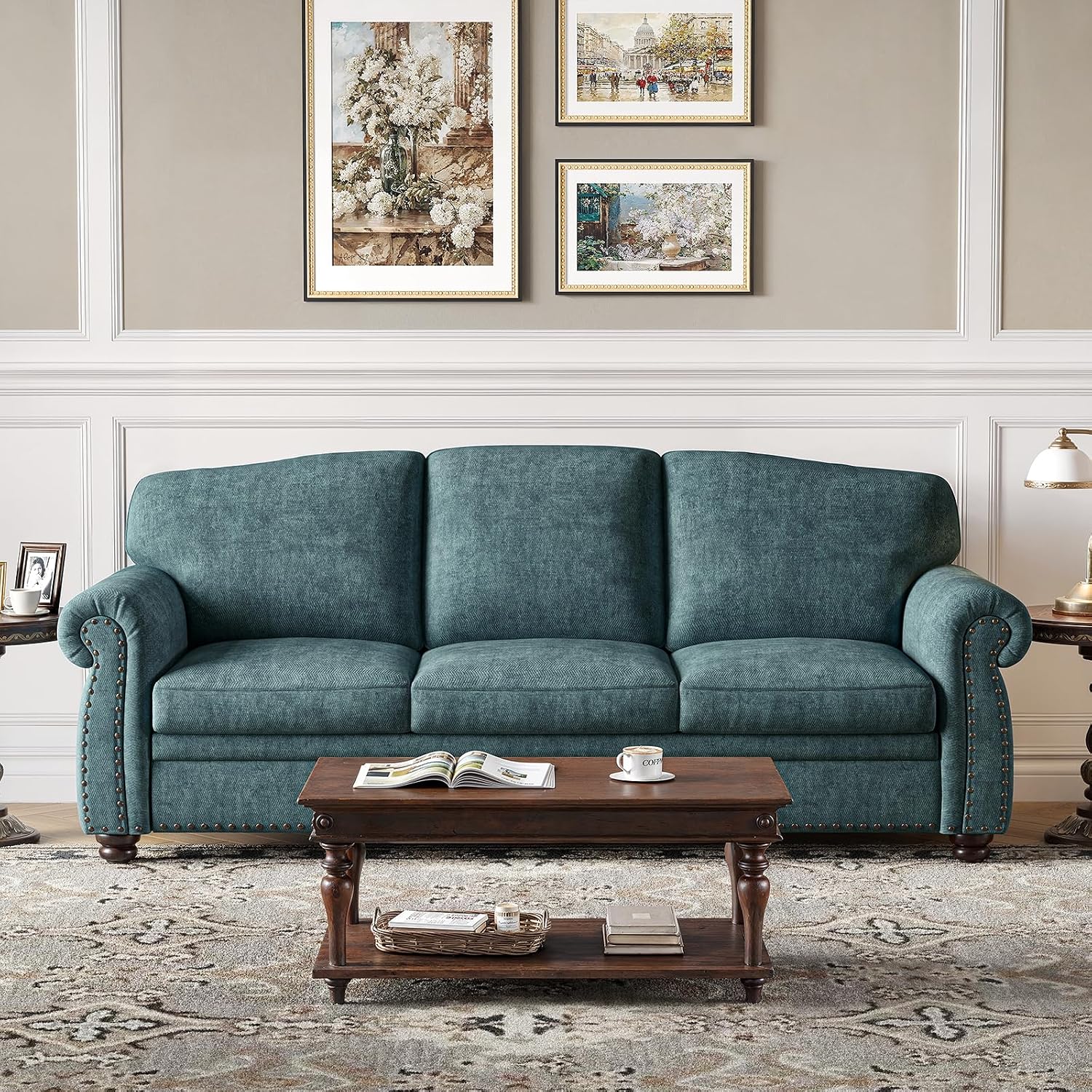 ONBRILL 90 Inch Rolled Arm Sofa for Living Room, Deep Seat Nailhead Trim Couch, Comfy 3 Seater Chenille Couch w/Wooden Leg, Springs Seat Cushion, Large Traditional Sofa for Farmhouse, Blue
