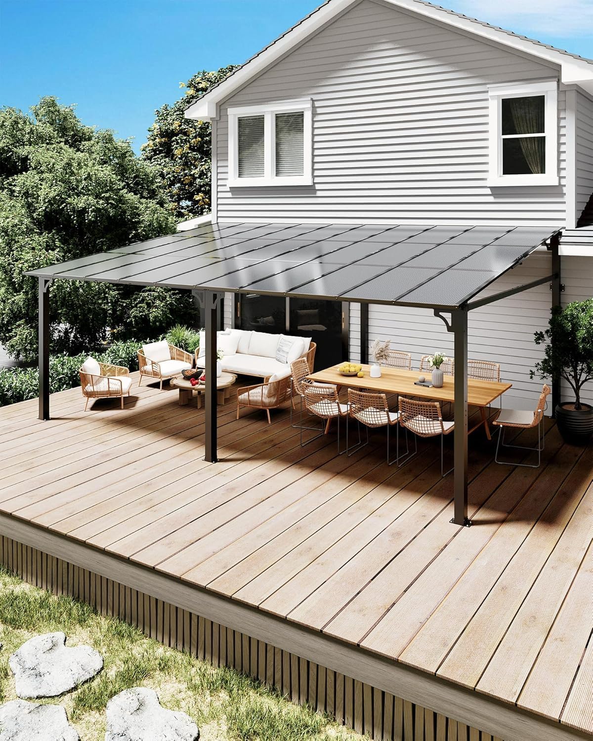 10x12 FT Gazebo for Patio, Wall Mounted Lean to Hardtop Gazebo Pergola with 6Mm Sloped Roof Heavy Duty Awnings for Porch, Decks, Backyard to Shade & Rain