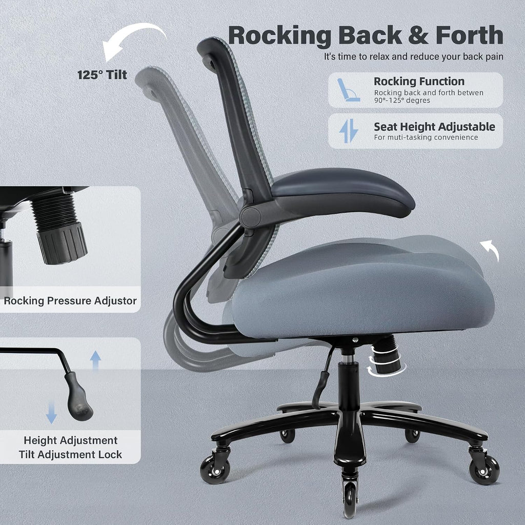Kassipo 500LBS Big and Tall Office Chair with Flip-Up Armrests, Heavy Duty Office Chair for Heavy People, Memory Foam Seat Filling Springs, Grey